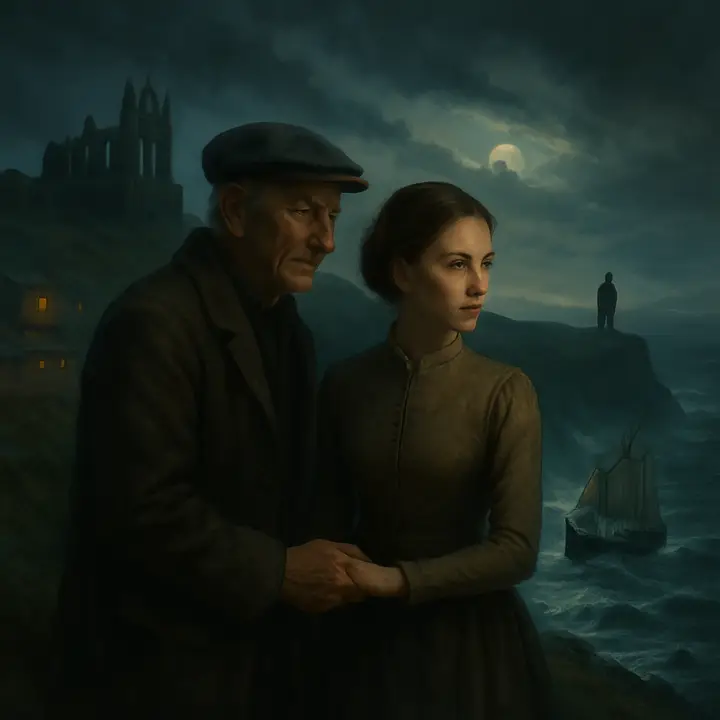 A storm broods over Kettleness: a gray, mist‑eaten horizon and emerald grass among gray rock as fishing boats scud for home. On the cliff, Mr. Swales takes Mina's hand and speaks in low, grave tones of a wind that tastes of doom; beyond them a coastguard's silhouette watches a strange Russian ship pitching and steering oddly toward the reef, the whole scene alive with brooding apprehension.