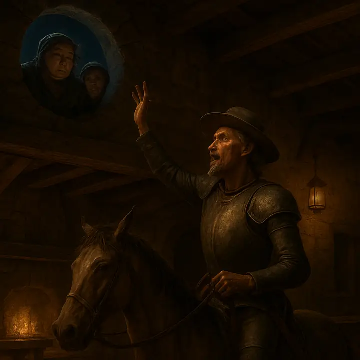 Moonlit mischief at the straw-loft: Maritornes and the landlady’s daughter crouch at the loft aperture, their silhouettes peering through the round hole as Don Quixote below declaims a grandiose paean to his lady. He stands in the saddle of Rocinante, arm thrust through the opening, mistaking the loft for a castle window and the girls for a noblewoman.