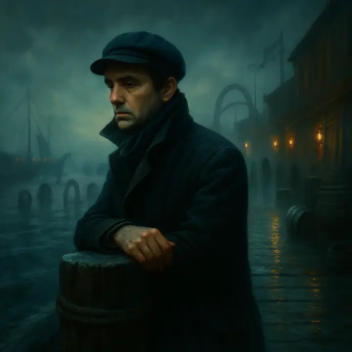 A lone Ishmael on a damp, drizzly wharf at dusk, coat collar up, leaning on a pilings post and staring out over the water while ghostly figures of landlocked men and funerary cofins blur into the mist behind him. The city's battered wharves recede into fog, with wind-tossed banners and slick planks catching the cold light.