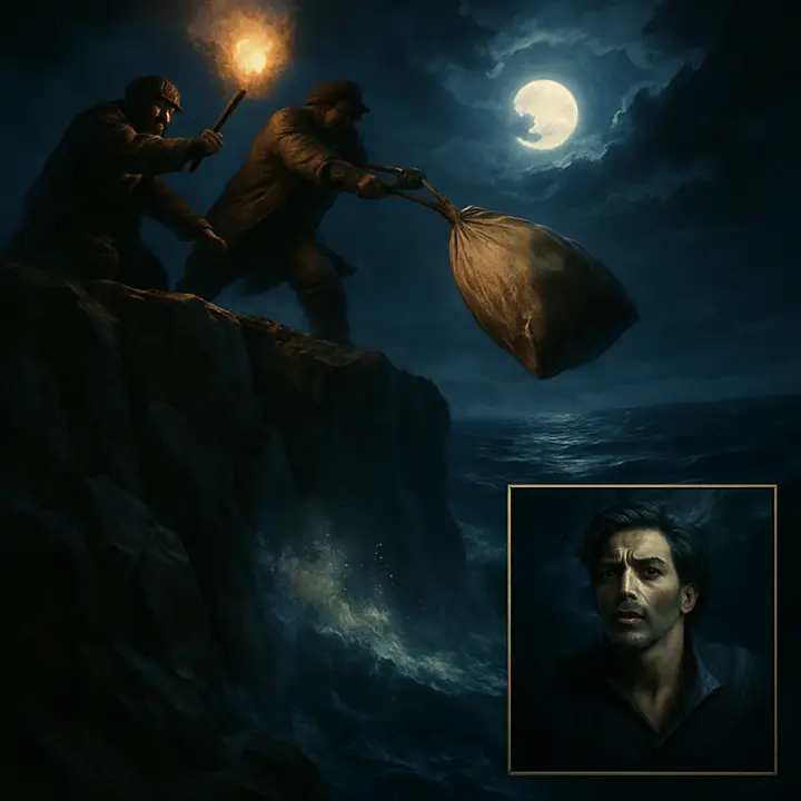 Under a black, windy night the gravediggers swing the bier and cry 'one, two, three' as they hurl the sack into the air; Dantès is flung like a wounded bird and plunges with a splash into the icy sea, a heavy thirty-six-pound shot tied to his feet dragging him into the dark below. The cliff, the tossing waves, and the flash of a torch capture the instant between violent flight and inescapable descent.
