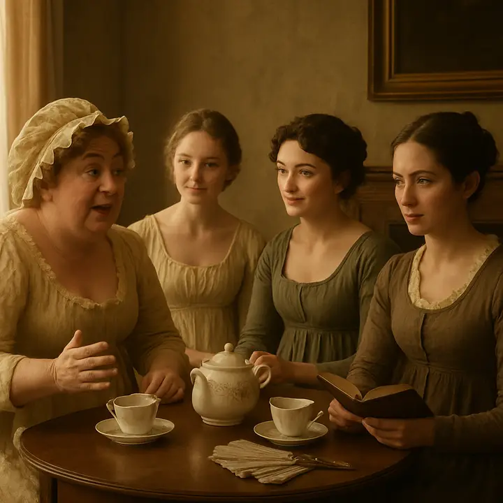 The Bennet drawing room at Longbourn the morning after the assembly: a lively cluster of women over tea — Mrs. Bennet animated and officious, Jane gentle and listening, Mary pedantically holding a book as she pronounces on 'pride', Charlotte coolly teasing Elizabeth, who returns a wry, half-amused, half-irritated glance at being called 'only just tolerable.' The atmosphere is domestic bustle and social gossip, with hints of recent ballroom excitement—dresses, a ribboned fan, and the unspoken subject of Mr. Bingley and Mr. Darcy hanging in the air.