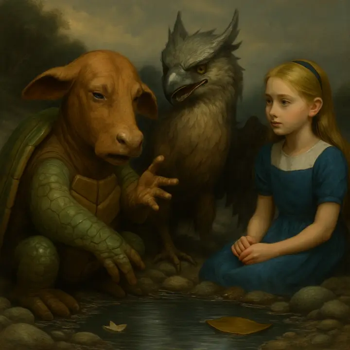 The Mock Turtle sits on the rocks with huge, tear-filled eyes and a deep hollow voice as he solemnly recounts his school-days; he ticks off bizarre subjects on his flappers while the Gryphon punctuates with odd little noises and Alice listens, puzzled and amused. The creature’s exaggerated gestures—counting with wet flippers, referencing an old conger‑eel and a crab as teachers—mix pathos and absurd comedy.