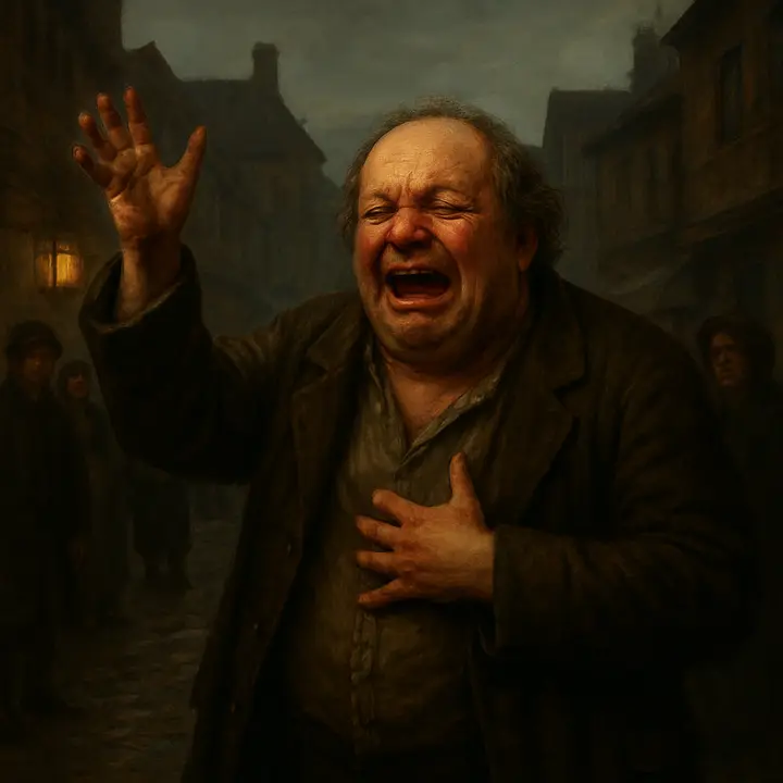 In a cold, gaslit street Fyodor Pavlovich Karamazov staggers out of a tavern, drunk and delivering a paradox: one moment his arms are flung up to Heaven in grotesque exultation, the next his face crumples into the helpless sobs of a child as he learns of his wife's death. Onlookers are blurred in the periphery; the composition emphasizes his fractured expression — joy and grief tangled on the same ruined, theatrical face.