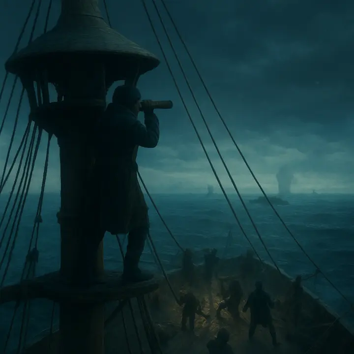From the mast-head a lookout shouts the cry — 'There she blows!' — while the captain and crew below burst into action: men racing across the deck, sails trimmed, boats lowered. The wide sea ahead shows several breaches and spouts, a shoal of whales on the horizon. 