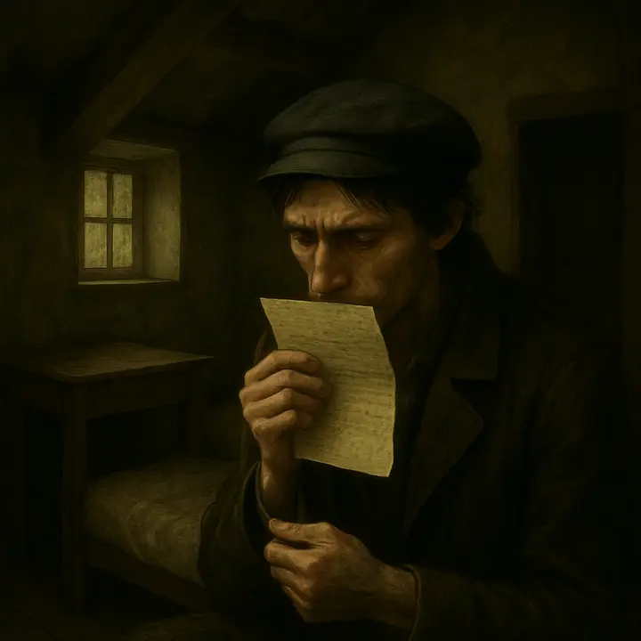 Alone, Raskolnikov kisses the envelope, studies the familiar sloping hand, and breaks the seal. He unfolds his mother's two‑sheet letter; tears well as he reads tender, anxious passages about Dounia and the money she sent.