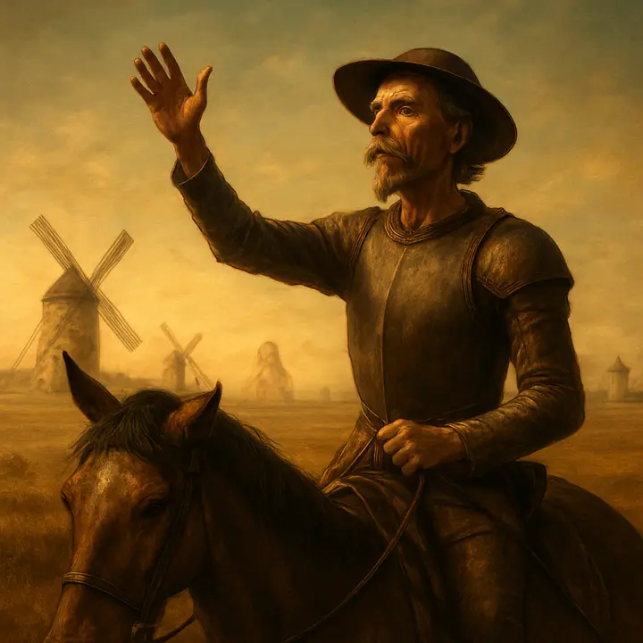 At dusk on the open plains he bestrides his shabby hack, newly christened Rocinante in his mind, and with the windmills silhouetted on the horizon he raises a hand in a grand, deluded proclamation of knighthood and names himself Don Quixote; in the glowing distance he envisions an idealized Dulcinea, a noble lady of his imagination, while his patched armour gleams faintly in the sunset.