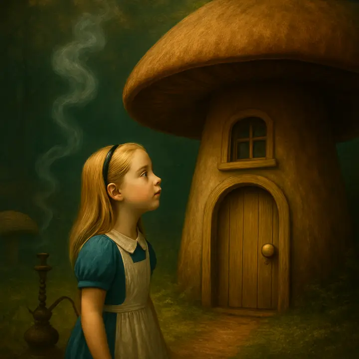 Alice, back near normal then nibbling again, finally stands at about nine inches tall and peers up at a curious little house about four feet high in an open glade; she hesitates at the giant doorstep, tiny and determined, the house’s oversized doorknob and windows dwarfing her.