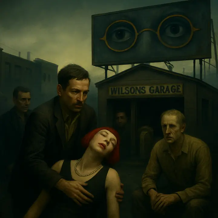 Night at the Valley of Ashes: a crowd clings to Wilson’s garage as Catherine, drunk and hysterical, collapses when told the ambulance went to Flushing and Myrtle’s body has gone ahead. Michaelis and a few others cluster under the harsh garage light; George Wilson rocks on a couch, hollow and bereft, while the ash-heaps crouch behind them.