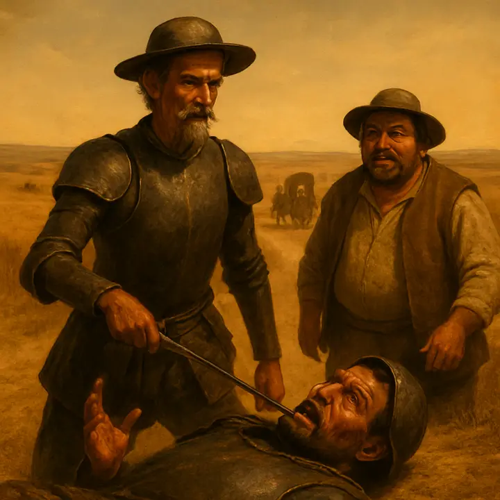 On the open La Mancha plain Don Quixote leaps from Rocinante, sword pressed at the fallen Biscayan's eyes, calm and implacable; the wounded man reels, helmet torn, blood on his face as his mule bolts and the ladies' coach hovers in the distance with frantic figures begging mercy. Don Quixote listens with grave dignity and pronounces the strange condition that the squire must present himself before Dulcinea del Toboso, who is evoked like an absent verdict over the scene.