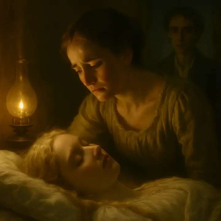 A dim sickchamber where Elizabeth lies fever-pale in bed while Caroline Beaufort Frankenstein bends over her, resolutely ministering with trembling hands and tear-streaked face; a young Victor Frankenstein stands in the doorway, helpless, watching his mother risk herself to save Elizabeth. The room is heavy with lamp-glow, steaming cloths, and the oppressive atmosphere of contagion and fear.