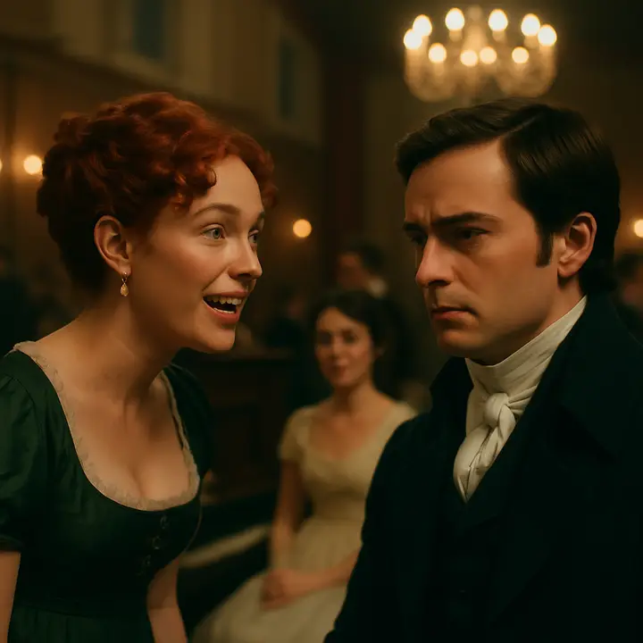 A close, charged exchange as Caroline Bingley, animated and speculative, teases Mr. Darcy about engagements, Pemberley, and prospective mothers-in-law; Darcy listens coolly but his gaze flicks toward Elizabeth across the room, and he confesses that he had been thinking of 'a pair of fine eyes.' Elizabeth is visible in soft focus at the pianoforte, unaware of the full effect of the confession.