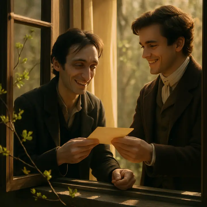A gentle spring morning: fallen leaves gone, buds swelling on the trees visible through the window as Victor, pale but calmer, sits by the sill while Henry, attentive and kind, produces a letter from Victor's cousin and gently urges him to write home. Sunlight softens the room; gratitude and renewed cheer return to Victor's face as he reaches for the letter.