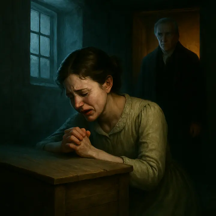 Caroline Beaufort kneels beside a simple coffin, her face streaked with tears and hands clenched on the wood; the room is sparse and dim, a single window letting in a cold band of light. Alphonse Frankenstein stands in the doorway like a solemn guardian, having just discovered the grieving girl and poised to lift her from despair into his protection.