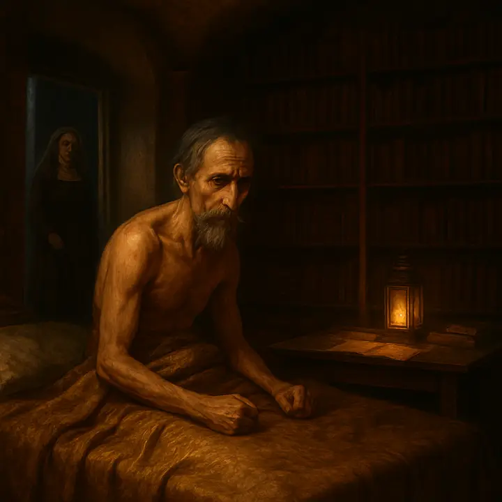 After a bruising, wordless brawl the assailants flee; Don Quixote, stripped of his satin coverlet and marked by pinches, sits bewildered and dejected amid rumpled sheets while Doña Rodríguez gathers her skirts and walks out without a word. The image lingers on his wounded pride and confusion — a heroic figure reduced to comic victimhood, the room scattered with the night's wreckage.
