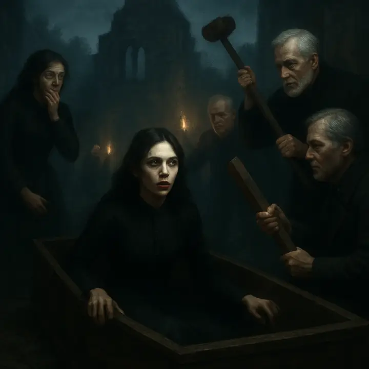 In the ruined chapel, a battered wooden coffin lies open on flagstones; Carmilla sits up inside, pale hair loose, lips stained with fresh blood and eyes flashing with a terrible, unnatural light as men around her raise a mallet and a heavy wooden stake. Torches gutter in the damp vault, throwing jagged shadows across the cracked frescoes and the gathered faces — Laura recoils a few paces back, hand to her mouth, while the older men steel themselves for the final act.