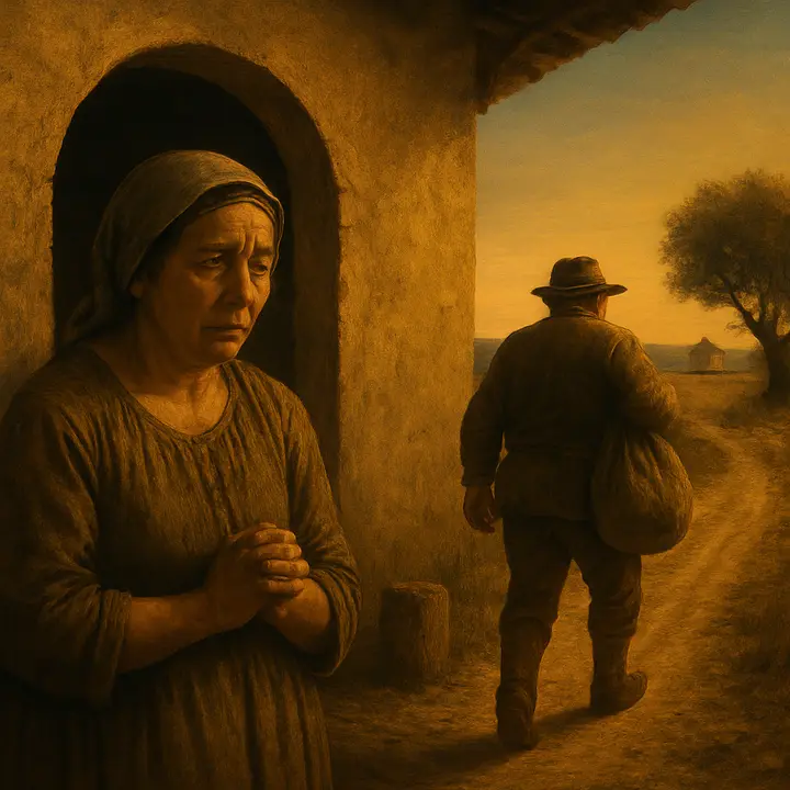 Dawn (or dusk) on the lane as Sancho, resolved, slings a worn satchel and kisses Teresa one last time; she weeps and pleads, he promises to send for the children and returns to the road to rejoin Don Quixote. The open road stretches ahead, empty and luminous, a small figure of Sancho moving into the wide landscape while Teresa stands framed in the cottage doorway.