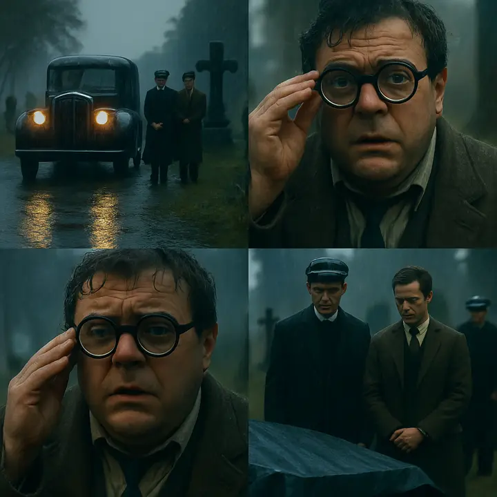 A black, rain-slicked motor hearse threads through drizzle toward a small cemetery where a Lutheran minister, Mr. Gatz, and Nick stand shivering as servants and a postman compose a sparse procession. Owl Eyes arrives, splashing through puddles and wiping rain from his spectacles, watching as the canvas is unrolled over the grave; the group is attenuated and stunned, Daisy absent, the world indifferent. The rain and the unadorned cortege make the moment both sacramental and unbearably petty.