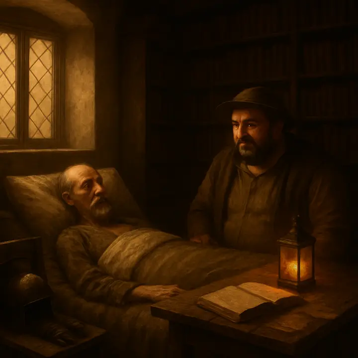 A peaceful, solemn bedside: Don Quixote lies pale and still under a simple quilt, helmet and battered gauntlet set aside on a chair, while Sancho Panza stands nearby with grief and bewildered loyalty on his face. A few stray books and torn parchments litter the floor; through the window the plain light of La Mancha falls softly, suggesting an end to knight‑errant folly and the quiet dignity of a life concluded. The image is both elegiac and intimate, promising closure to the adventures told.