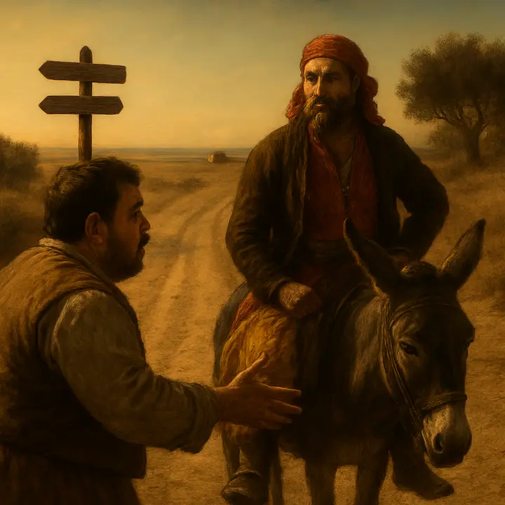 On a dusty road Sancho suddenly stops, shocked and tearful, as his donkey comes into view ridden by Ginés de Pasamonte in flamboyant gypsy dress — Ginés sits smug and defiant while the animal bears the marks of its former burden. The plain stretches behind them, grasses trembling; Sancho's hand reaches out as if to reclaim what was lost.