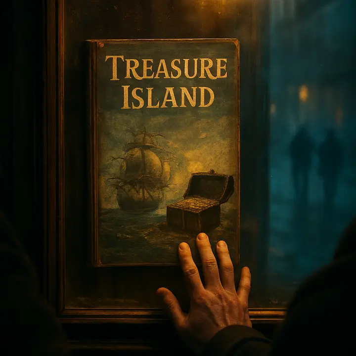 A lone, hesitant purchaser pauses beneath a gaslit bookshop window at dusk, their blurred reflection overlaid on a dramatic cover illustration of a galleon and a treasure chest. The warm glow of the shop contrasts with the cool, misty street outside, suggesting the tug between ordinary life and the promise of adventure within the pages.