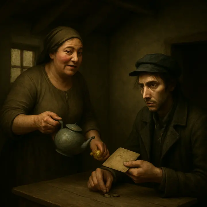 Nastasya, the talkative country cook, bustles in with a cracked teapot and two yellow lumps of sugar, chattering while Raskolnikov fumbles out coppers for bread and sausage. She snatches a heavy envelope from the table, takes three copecks and hurries back into the stairwell, leaving him tense and watching the door.