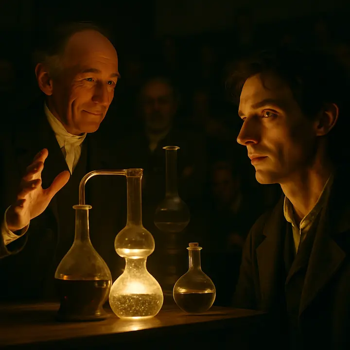 Inside a packed lecture hall at Ingolstadt, M. Waldman, benign and dignified, conducts a chemistry demonstration with gleaming glass apparatus and a small, dramatic experiment; Victor Frankenstein sits in the foreground transfixed, light from the demonstration bathing his face as an inner revelation takes hold. The moment pulses with intellectual awakening and the fatal ambition that will consume him.
