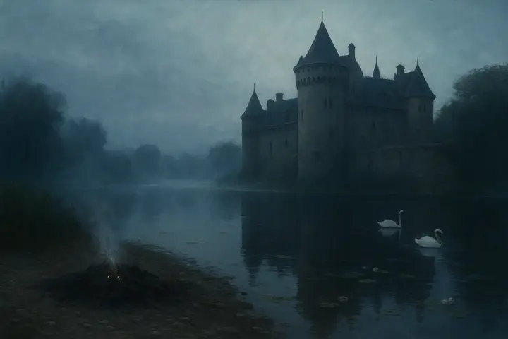A placid stretch of dark water winds past the castle bank, morning mist rising thinly off the surface; along the pebbled shore a smouldering circle of blackened wood and ash marks where a pyre once burned. The river bears a pale smear of floating detritus and a few drifting flecks of ash that catch the light, while the castle's silhouette looms behind, its reflection broken in the ripple of the current.
