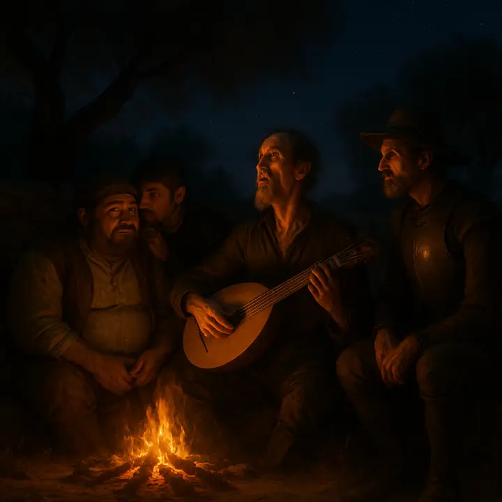 By a hushed campfire the plaintive voice of a lone rider pours out a love-lorn sonnet; Don Quixote sits rapt, Sancho half-amused, while the singer's mournful phrases hang in the air and a silent squire stands slightly apart, exchanging a furtive, conspiratorial whisper with Sancho. The scene is intimate and melancholy, knights and squire gathered on rough ground under star-stitched sky, united by the lonely, comic gravity of love's complaints.