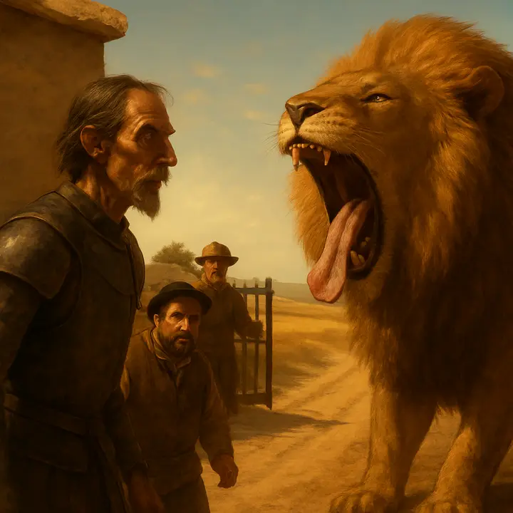 The keeper unlatches the cage and the enormous lion stretches, yawns revealing a two-palms-long tongue, licks the dust, and turns its glowing, coal-like eyes toward the world before nonchalantly squaring its haunches and lying down. Don Quixote presses on, urging provocation, while the keeper recoils and the bystanders breathe as if freed from a spell.