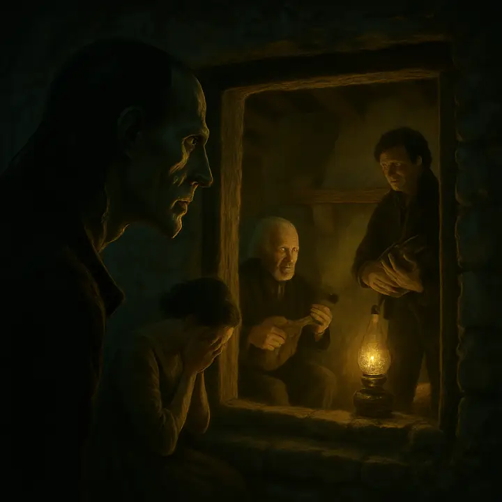 Through a narrow chink in a low hovel the Creature watches the De Lacey family in a whitewashed room: the old, silver-haired De Lacey playing a sweet instrument, Agatha kneeling and weeping, and Felix bringing wood and helping the old man — a tableau of tender care that ignites the Creature's aching yearning. His shadowed silhouette outside contrasts with the warm, lamp-lit domestic interior he can only observe.