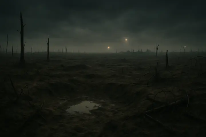 A cratered wasteland of churned earth and deep shell-holes extends to a stand of shattered trunks; bare limbs and torn strips of cloth snag on barbed wire across the field. Intermittent star-shells and rocket-glow strobe the scene, picking out oily pools in the hollows and the jagged silhouette of a distant trench line beneath a cold night sky.