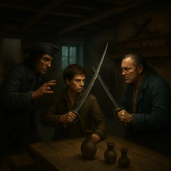 The tallow‑faced stranger—Black Dog—steps into the parlour, leering, missing fingers held up like an accusing talon as he sits on the table and menaces Jim while waiting for his 'mate Bill'. The scene explodes into violence as Billy Bones returns, turns ghostly pale, and the two men clash with drawn cutlasses; Black Dog flees down the road bleeding from his shoulder while the captain's last wild cut is arrested by the Admiral Benbow signboard, leaving a deep notch.