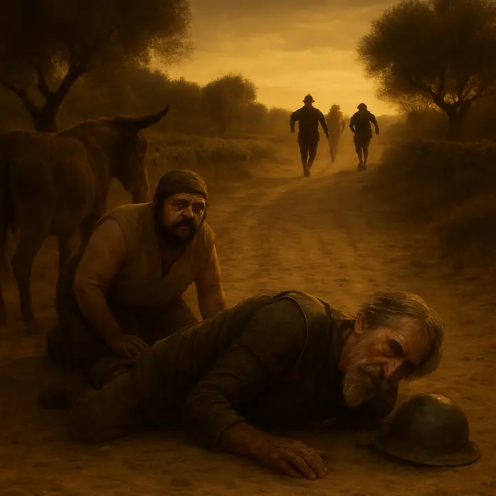 Betrayal: the freed men turn on Don Quixote, hurling a hail of stones; Don Quixote and his horse lie prostrate on the dust, Sancho stripped to his shirt and trembling behind his ass, while Ginés and the others hurry away with the commissary’s spoils, leaving the knight humiliated and battered.