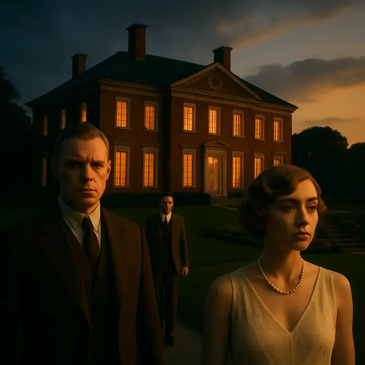Nick's motorcar pulls up to the red‑and‑white Georgian Colonial — the Buchanan Estate — as servants move on the lawn and a snub‑nosed motorboat is visible by the shore; Tom Buchanan stands large and restless, Daisy luminous in white, and Nick steps onto a porch where summer light and curtains flutter. The house looks cheerful and imposing, its Italian garden and sun‑dials suggesting old wealth and social ritual.