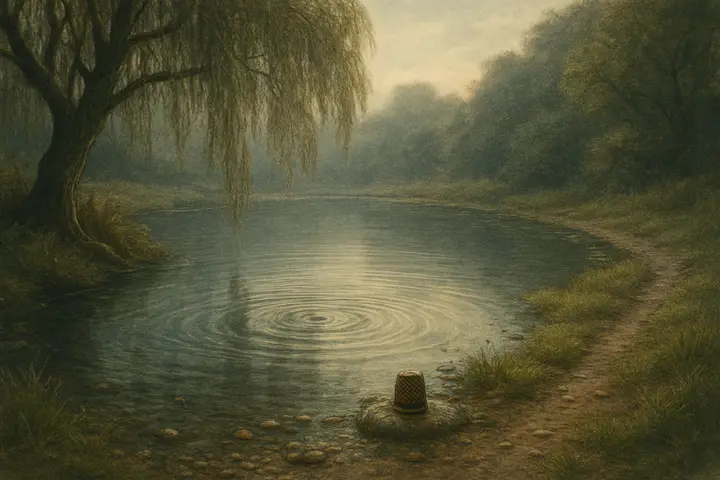 The pool opens as a mirror-dark basin ringed with pebbled shallows and clumps of wet turf; concentric ripples lace its surface where a breeze dies. A tiny thimble glints on a ripple-washed stone near a willow's dripping roots, while a narrow, muddy path leads away into shadowed undergrowth.