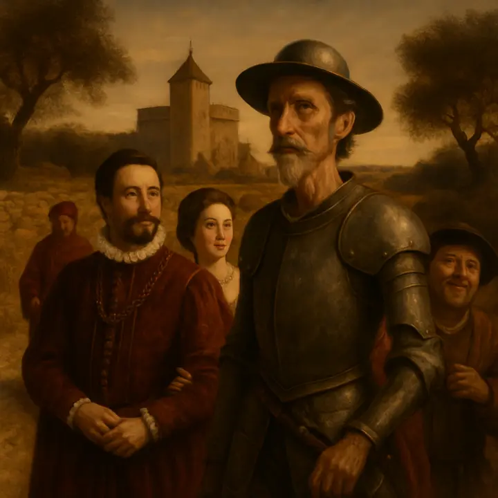 A small cortege approaches a stately country castle: the Duke, in embroidered livery, strides ahead with the Duchess on his arm while Don Quixote, proud and upright in battered armour, is flanked by two lackeys in crimson morning-gowns offering to dismount the Duchess. Sancho Panza beams nearby, clutching at his hat like a favourite retained by royal favour.