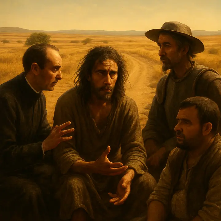 Cardenio, gaunt and intense, sits amid jagged stones and recounts his bitter betrayal in animated, tragic detail while The Priest leans forward with compassionate entreaty and Don Quixote listens with earnest gravity. Sancho shifts uneasily nearby as the tale unrolls — the landscape itself seems to echo the loneliness in Cardenio’s voice. The moment is intimate, confessional and raw.