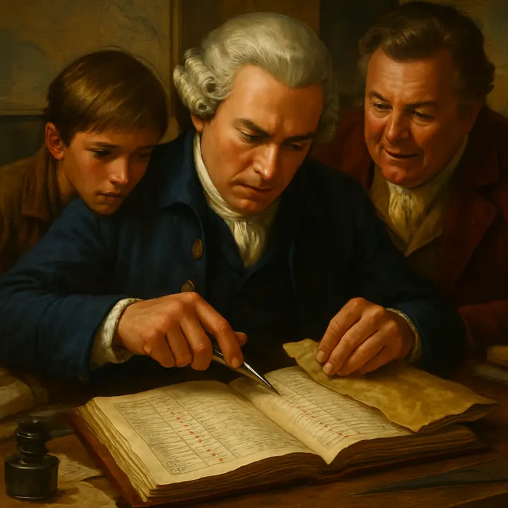 A close, intimate moment as Dr. Livesey carefully snips the stitches of the oilskin with his medical scissors and peels back the packet to reveal a worn account‑book filled with mysterious crosses and countryside entries; Jim and the squire lean over his shoulder, faces inches from the pages. The book’s ledger lines and cryptic dates are sharply in focus, fingers stained with ink, the sealed paper tucked beside it like a promise.