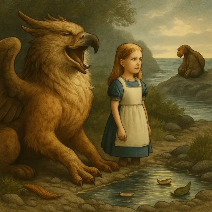 A massive Gryphon lies asleep in a patch of sunlight; it yawns and chuffs a whimsical, ruffling laugh as it wakes and beckons the curious Alice onward. Farther along a rocky ledge by the shore a solitary, sorrowful Mock Turtle can be glimpsed, hunched and sighing, a pale figure against the glittering sea.