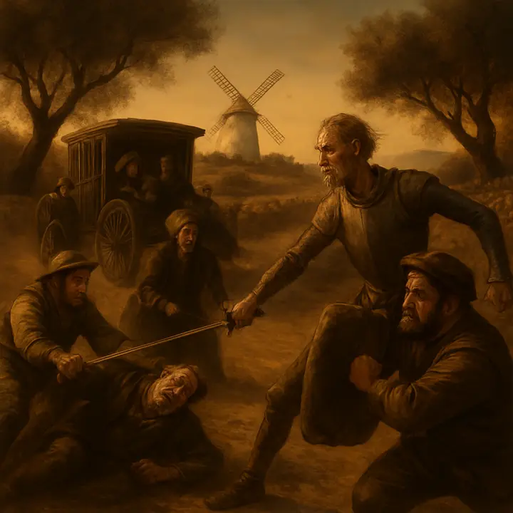 On the country road a coach and two monumental friars appear; Don Quixote blocks their path, hurling one friar to the earth as a terrified Biscayan lady and her retinue cling to the coach. Sancho Panza leaps to strip the fallen man but is beaten down by muleteers; nearby Don Quixote, sword drawn, furiously duels a furious Biscayan squire using a coach-cushion as shield, the absurd combat watched by a ring of horrified onlookers.