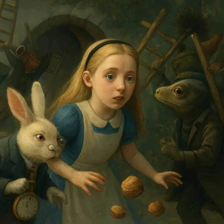 A comic melee outside the Rabbit house: creatures shove ladders, argue, and shove Bill the Lizard down the chimney—only for him to pop out like a sky-rocket while guinea-pigs fuss over him. Pebbles rattle through the window and transform into little cakes; Alice snatches and eats one, visibly shrinking and slipping through the doorway as the crowd lunges after her.