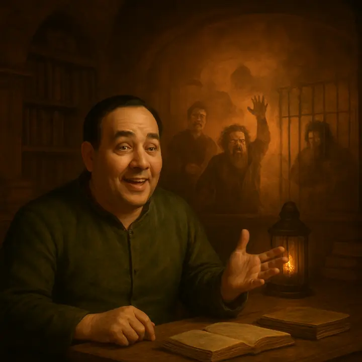 The Barber, animated and comic, tells his story of the licentiate and the madhouse; the image splits into a vivid phantasmagoria behind him — a neat licentiate in new clothes addressing battered cages of madmen, a furious 'Jupiter' thundering in a cage, and the licentiate declaring himself Neptune. The layered tableau becomes both grotesque and pitiful, the tale visualized like a stage play projected over the listeners. 