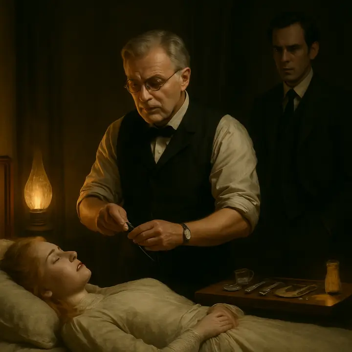 Van Helsing moves with clinical efficiency: he locks the door, lays out transfusion instruments on a small table, rolls up his shirtsleeves and prepares the narcotic while Lucy lies waxen and pallid on the bed. Seward and Van Helsing exchange a terse, grave look before the operation begins, the room lit by a single lamp emphasizing the surgical ritual.