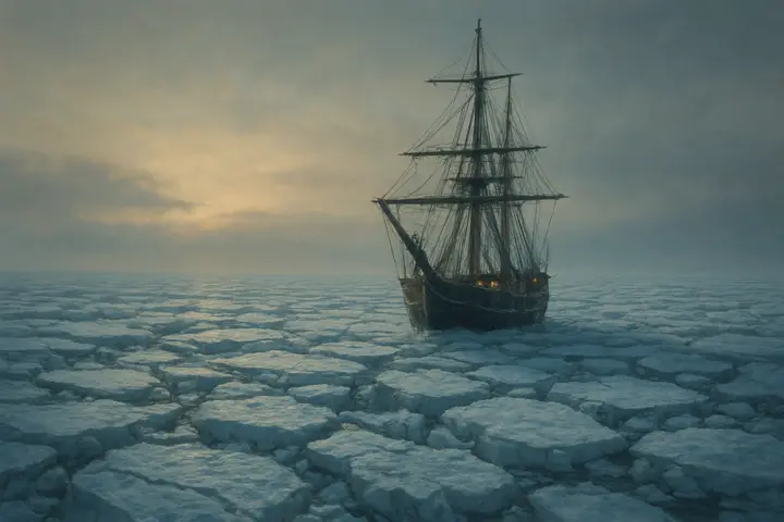 A lone vessel ploughs a glassy polar sea studded with floating sheets of ice, the dark hull cutting between blue-white floes that drift like broken mirrors. The horizon is a lean sweep of pale sky and distant haze as southern gales ruffle the water and scattered ice glints under a low summer sun.