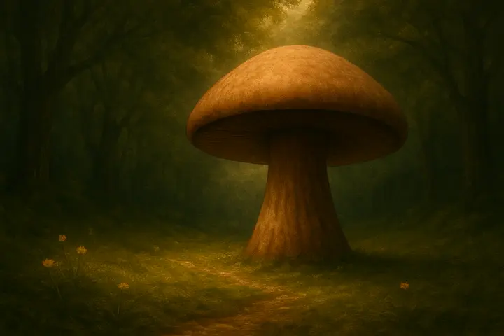 A quiet, drowsy glade edged by tall, dozing trees; in the middle stands a single, tall mushroom with a smooth, broad cap dominating the meadow scale, buttercups and crushed grass at its base. Sunlight filters in mottled bands through heavy leaves, dusting the mushroom and the damp leaf litter with golden flecks and long soft shadows, suggesting stillness and hidden scale. The clearing feels oversized and slightly uncanny, a small island of silence in the wood.