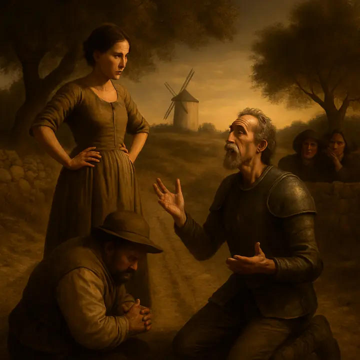 Don Quixote and Sancho on their knees before a plain, uncomposed village girl who scowls and tells them gruffly to get out of her way — the comic humiliation of knightly devotion played against rural bluntness. The girl's companions snigger; Sancho bows with practiced solemnity while Don Quixote pours out a florid, deluded declaration of adoration, utterly sincere in his misunderstanding.