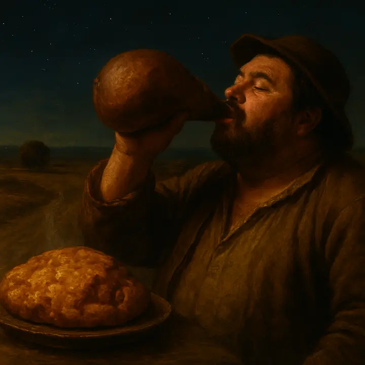 The Grove's squire returns triumphantly with a gargantuan pasty and an enormous bota of wine, the pasty steaming and absurdly large as if stuffed with a goat, while the squire kisses the bota and thrusts it toward Sancho. Sancho lifts the wineskin, gazes up at the stars for a long quarter hour, then tilts it back with delighted reverence, christening the wine with a bawdy nickname as he drinks, cheeks flushed by the first real feast they've seen in days.