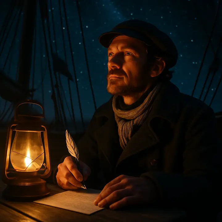Night on deck beneath a brilliant canopy of stars; Walton sits at a small table, quill in hand, pausing in mid-letter to lift his face to the heavens as if the very constellations are witnesses to his resolve. A lantern casts a warm pool of light on the paper while flags and ropes still whisper of distant gales, giving his expression a mixture of calm triumph and contemplative hope.