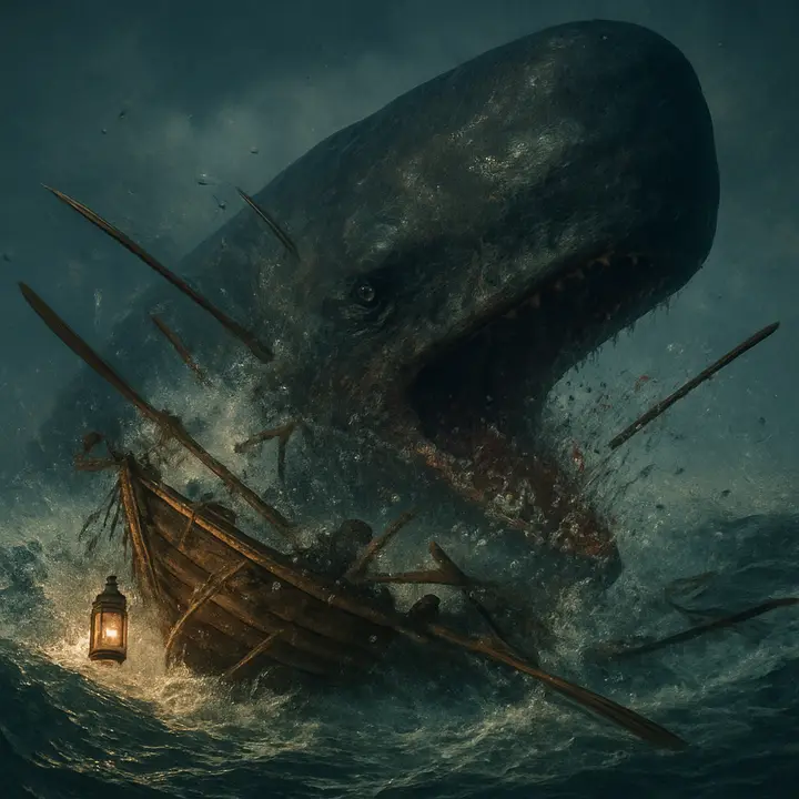 A furious sperm whale rams and smashes a tiny whaleboat: splintering wood, flying oars, and men thrown into the sea as the animal rears and snaps with blood-flecked water. The scene is a chaotic close-quarters struggle between beast and boat. 