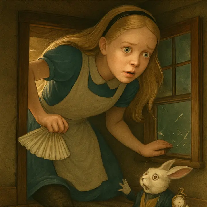 Alice has grown to an absurd size inside the tiny upstairs room: her head bumps the low ceiling, she kneels awkwardly with one arm thrown out of the open window clutching the little fan and white kid gloves, while her foot is jammed up the blackened chimney. Through the window the White Rabbit peers up in frantic alarm, pocketwatch in hand, calling down orders as shards of glass tremble from the frame.